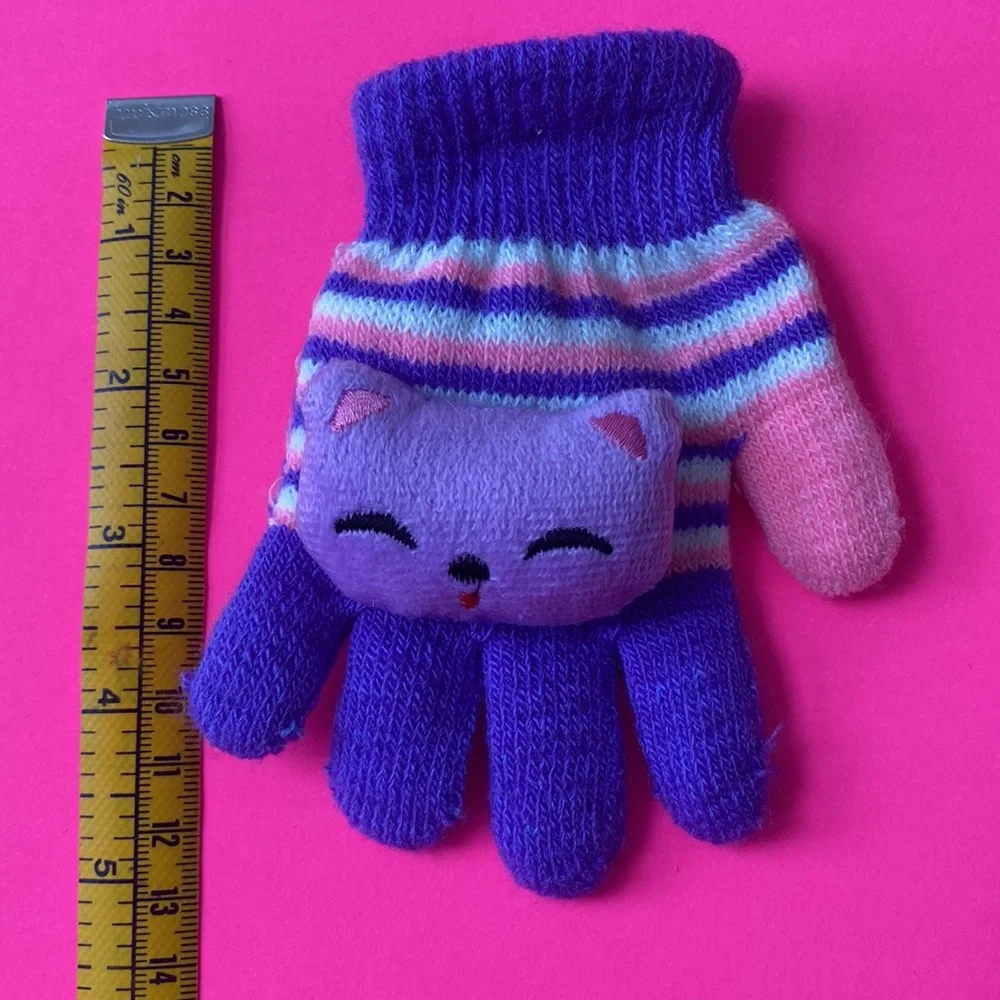 Adorable Girl’s Gloves 18 mo - 3 year old, Purple, Pink striped w sewn plush C…